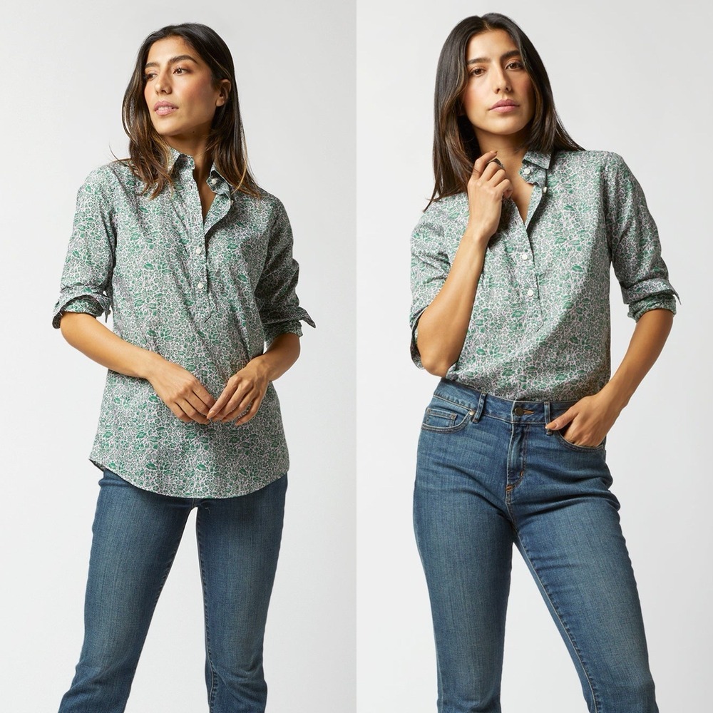 Ann Mashburn L Floral Tomboy Popover Shirt Green/Rose Poppy Day Liberty Fabric